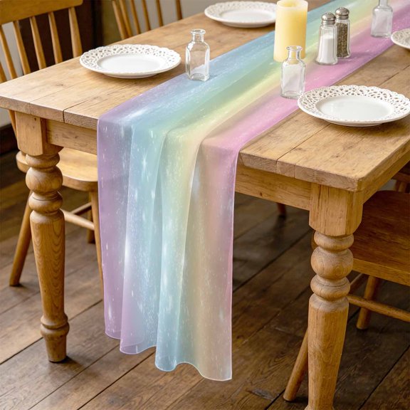 Colorful Rainbow 4.5ft Cheesecloth Table Runner for Wedding 19"x55", Modern Abstract Fantasy Gradient Rainbow Shining Star Kitchen Dinner Sheer Tulle Chiffon Dresser Scarf, Holiday Party Decorations