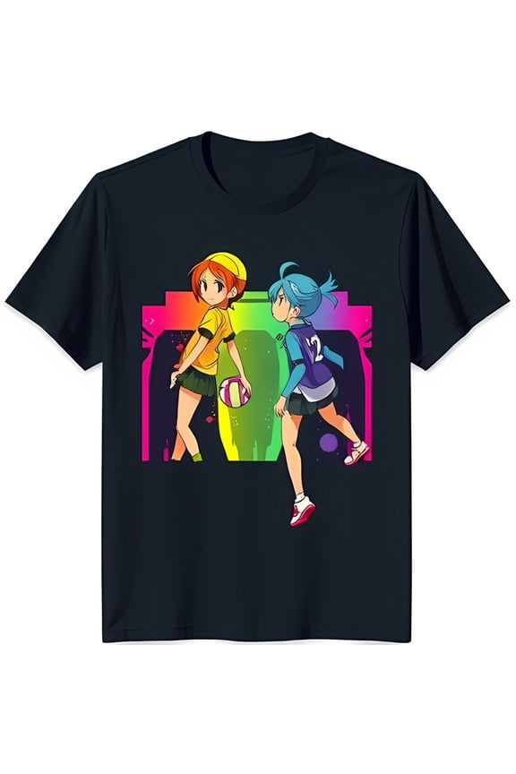 Colorful Rainbow Anime Characters Black T-Shirt Yellow & Uniforms Unique Graphic Tee for Fans