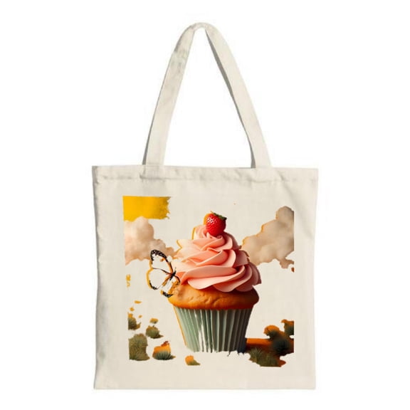 Whimsical Cupcake Tote Bag - Canvas Multifunctional Reusable Shopping Bag with Playful Pink Frosting & Cherry Design Perfect for Parties & Travel