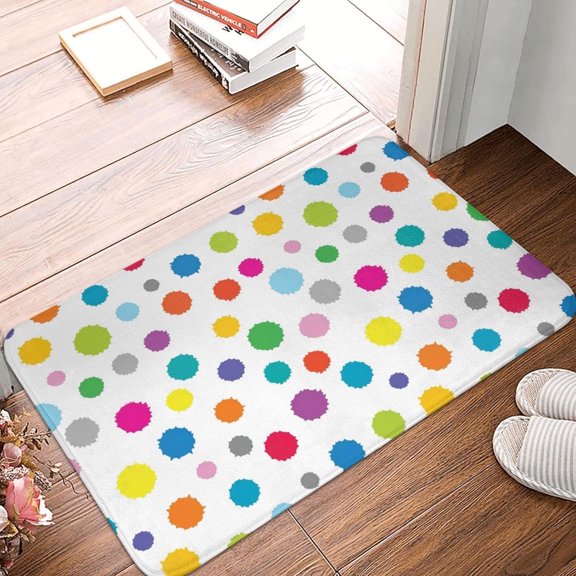 Colorful Rainbow Bath Mat Rug, Geometric Polka Dot Non Slip Bathroom and Kitchen Floor Mat, White Modern Doormat, 16x24 Inch