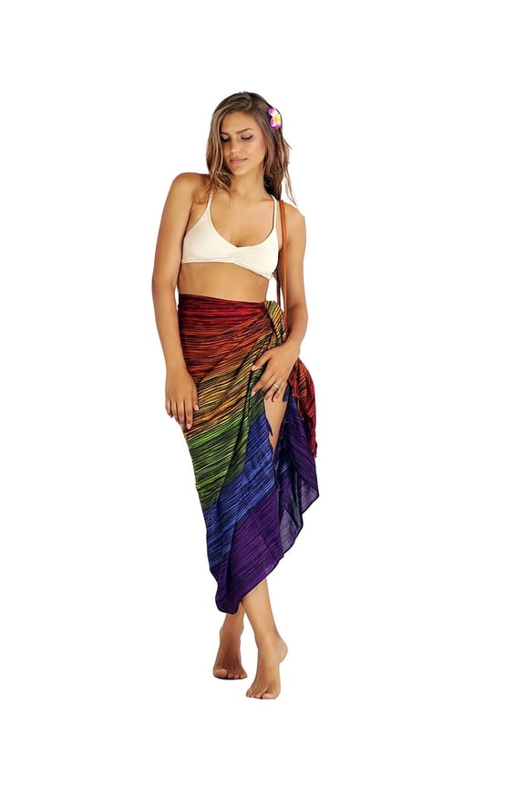 Colorful Rainbow Beach Wrap Sarong With Fringe, Rainbow Stripes, Size: One Size, Uluwatu Style