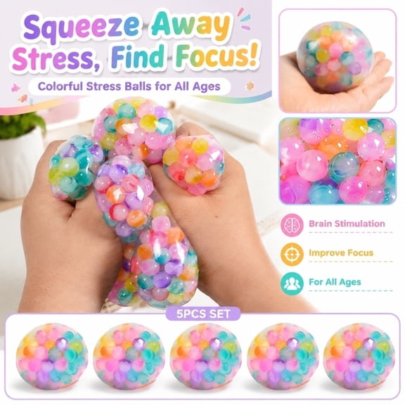 Colorful Rainbow BeadFilled Stress Ball Fidget Toy, Clear Squeeze Sensory Toy For Stress Relief, Desktop Decor & Party Favors (5Pcs)