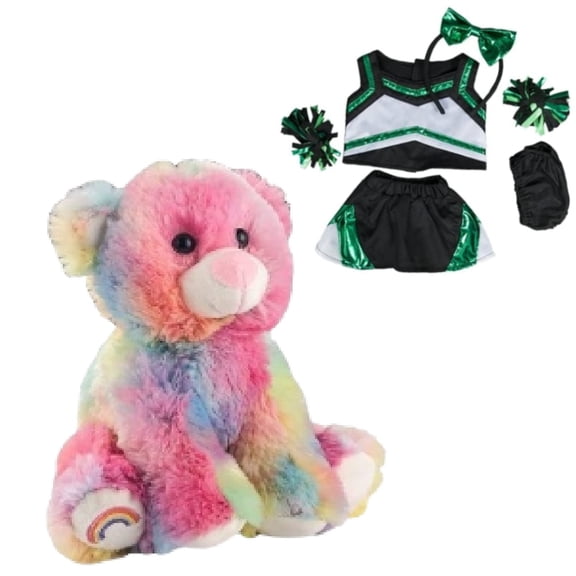 New Rainbow Bear 8-Inch Stuffed Toy - Cheerleader Outfit in Metallic Green & Black with Pompoms, Great Gift for Kids