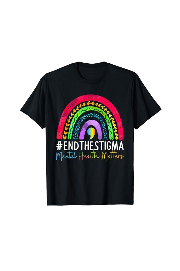 Colorful Rainbow Boho T-Shirt Promoting Mental Health Awareness and Ending the Stigma