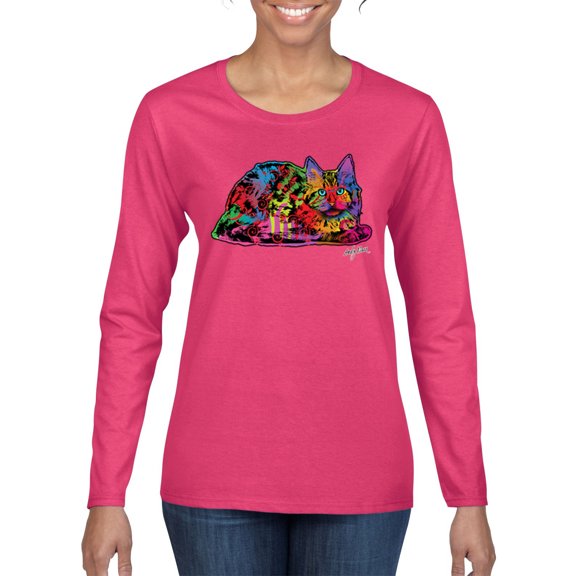 Colorful Rainbow Cat Animal Lover Womens Graphic Long Sleeve T-Shirt, Fuschia, X-Large