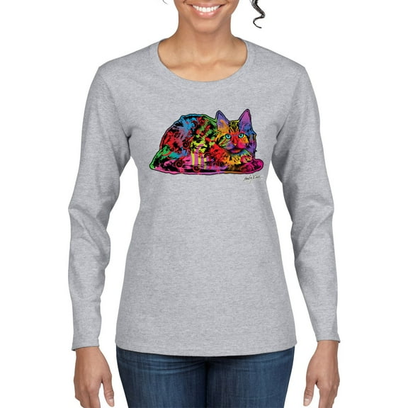 Colorful Rainbow Cat Animal Lover Womens Graphic Long Sleeve T-Shirt, Heather Grey, Small