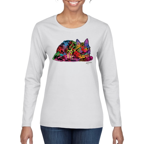 Colorful Rainbow Cat Animal Lover Womens Graphic Long Sleeve T-Shirt, White, X-Large