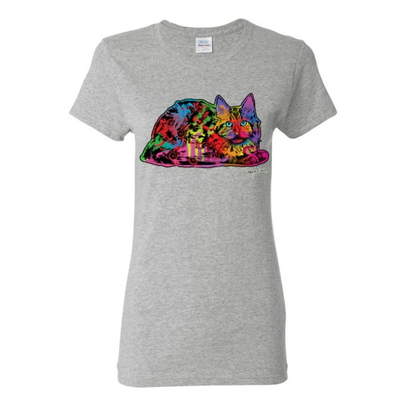 Colorful Rainbow Cat Animal Lover Womens Graphic T-Shirt, Heather Grey, Small