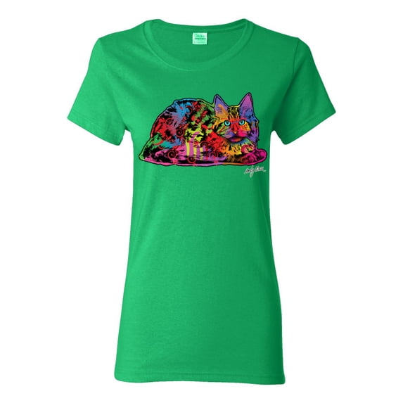 Colorful Rainbow Cat Animal Lover Womens Graphic T-Shirt, Kelly, Large