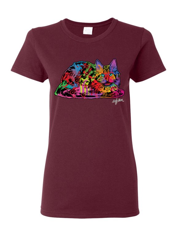 Colorful Rainbow Cat Animal Lover Womens Graphic T-Shirt, Maroon, Large