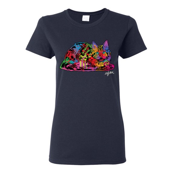 Colorful Rainbow Cat Animal Lover Womens Graphic T-Shirt, Navy, X-Large