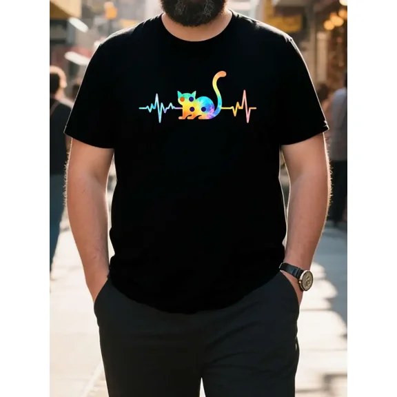 Colorful Rainbow Cat Heartbeat Graphic Men's Plus Size Cotton T-Shirt