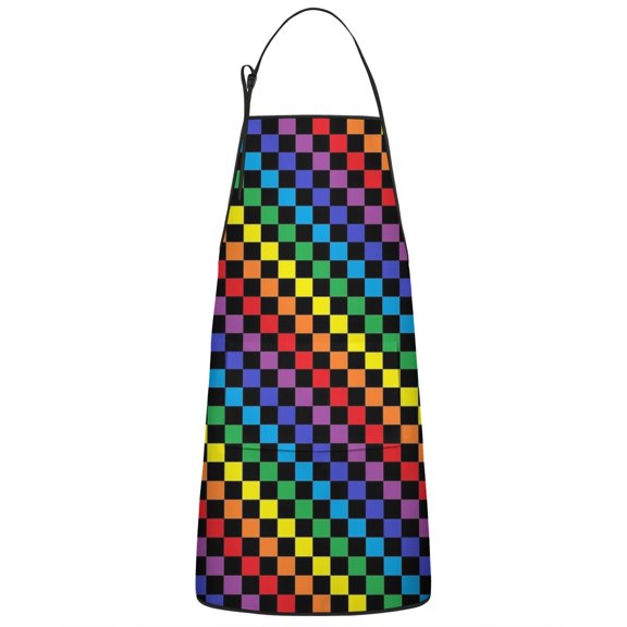 Colorful Rainbow Checkered Pattern Apron-Garden Aprons for Women with Pockets-Cotton Linen Waterproof Kitchen Cooking Gardening Aprons Adjustable for Kitchen,Cooking,BBQ and Salon 33x27 Inch