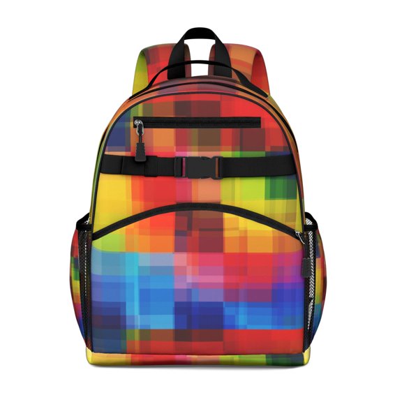Colorful Rainbow Checkered Pattern Backpack for School,Cute School Bag,Schoolbag with Adjustable Shoulder Straps & Padded Back,15.25"x11.5"x5.25"