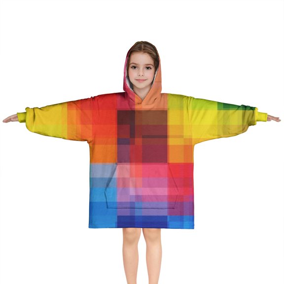 Colorful Rainbow Checkered Pattern Blanket Hoodies for Kids 6-13YR Oversize Wearable Blanket Hoodies for Boys Girls Teens