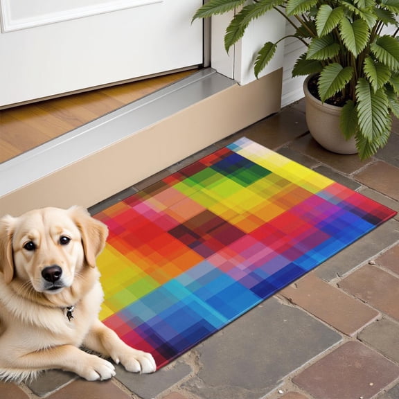 Colorful Rainbow Checkered Pattern Door Rugs,Washable Non Slip Door Mats Indoor,Decorative Door Mats,Entry Mat Indoor for Entrance,Bedroom,Kitchen,Bathroom,16"x24"
