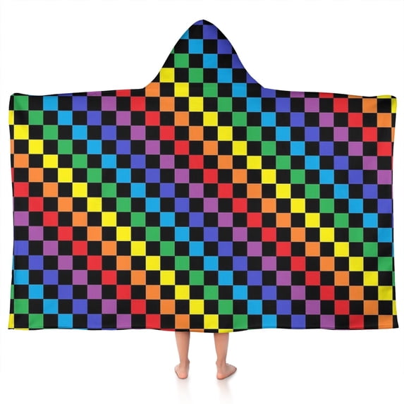 Colorful Rainbow Checkered Pattern Hooded Bath Towel,50"x30" for Ages 3 To 12 Kids, Quick Dry Lightweight Soft Microfiber Hood Beach Towel Cover Up for Kids