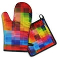 thumbnail image 1 of Colorful Rainbow Checkered Pattern Kitchen Oven Mitt and Pot Holder Sets 2 Pcs for Baking, Cooking and Grilling, Heat Resistant Up To 392 °F, 1 of 7