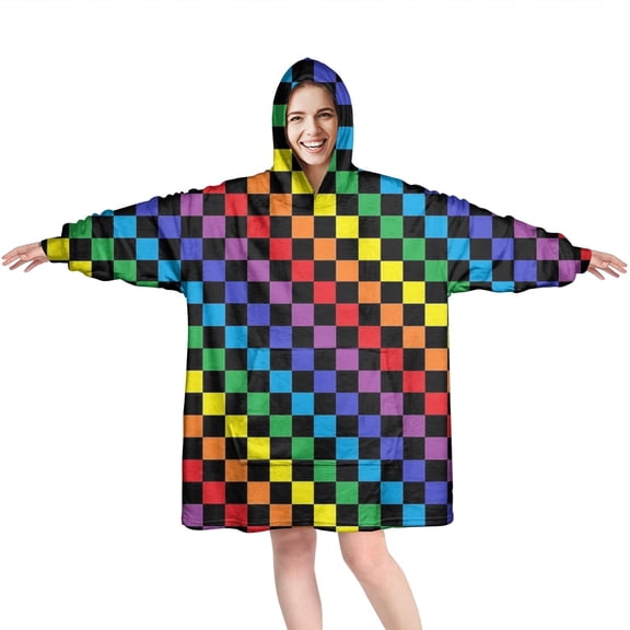 Colorful Rainbow Checkered Pattern Wearable Oversized Blanket,Wearable Blanket Hoodie for Adults,Cozy Hooded Blankets with Super Pockets,Super Warm Fuzzy Pullover for Women & Men