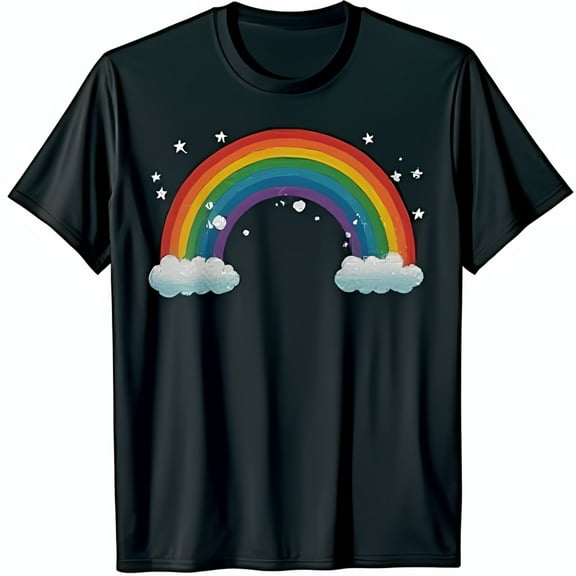 Colorful Rainbow & Clouds Graphic Black T-Shirt Soft Stylish Everyday Wear