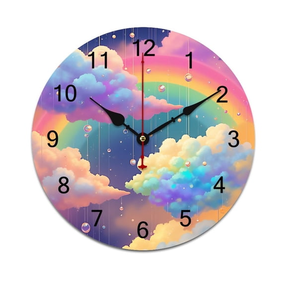 Colorful Rainbow Clouds Printed Silent Wall Clock Round Kitchen Clock Chic Quiet Desk Clock For Living Room