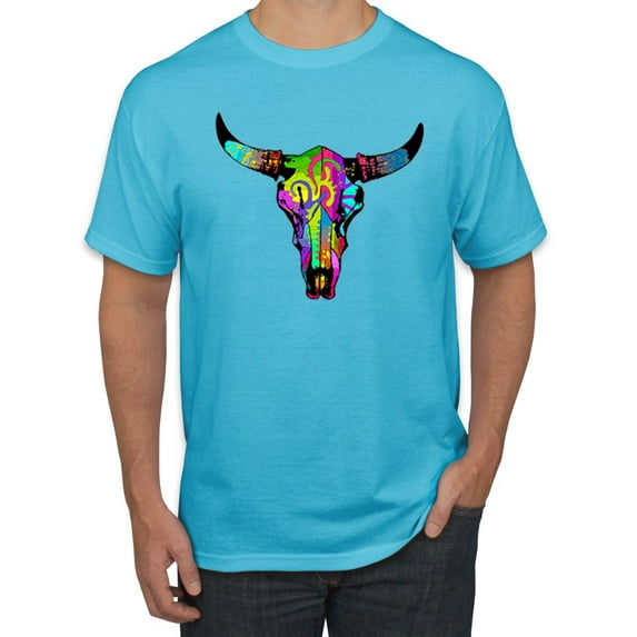 Colorful Rainbow Cow Bull Skull Animal Lover Men's Graphic T-Shirt, Light Turquoise, Small