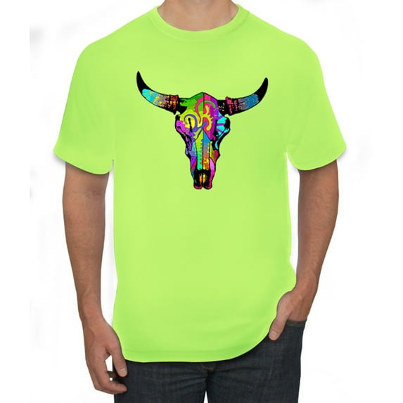 Colorful Rainbow Cow Bull Skull Animal Lover Men's Graphic T-Shirt, Safety Green, 3XL