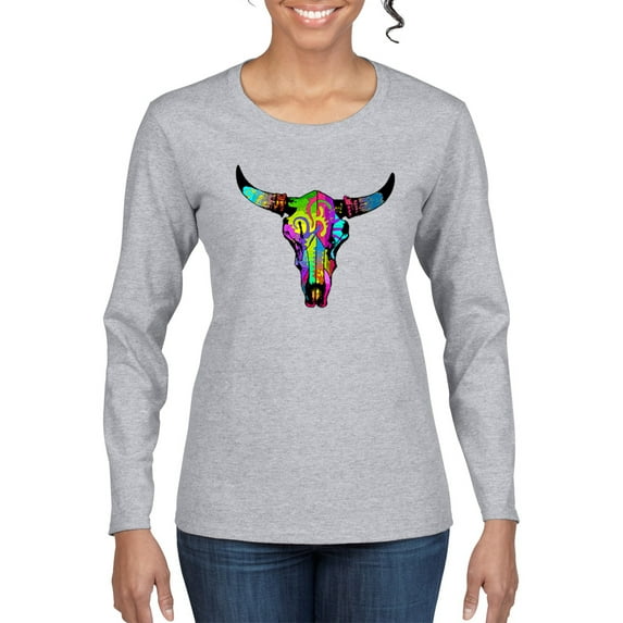 Colorful Rainbow Cow Bull Skull Animal Lover Womens Graphic Long Sleeve T-Shirt, Heather Grey, 2XL