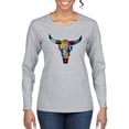 thumbnail image 1 of Colorful Rainbow Cow Bull Skull Animal Lover Womens Graphic Long Sleeve T-Shirt, Heather Grey, Medium, 1 of 3