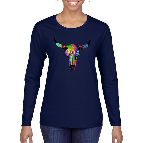 Colorful Rainbow Cow Bull Skull Animal Lover Womens Graphic Long Sleeve T-Shirt, Navy, Medium