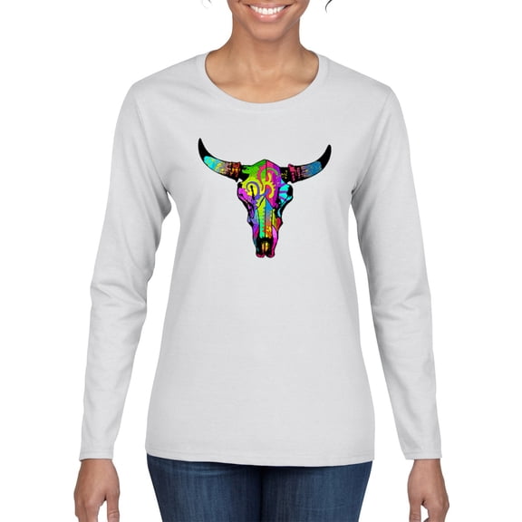 Colorful Rainbow Cow Bull Skull Animal Lover Womens Graphic Long Sleeve T-Shirt, White, X-Large
