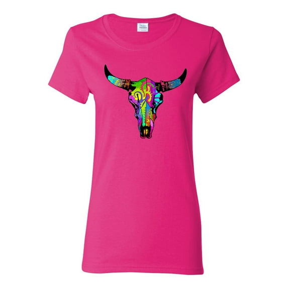 Colorful Rainbow Cow Bull Skull Animal Lover Womens Graphic T-Shirt, Fuschia, 2XL