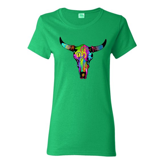 Colorful Rainbow Cow Bull Skull Animal Lover Womens Graphic T-Shirt, Kelly, Small