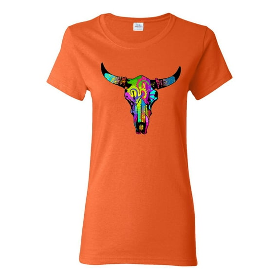 Colorful Rainbow Cow Bull Skull Animal Lover Womens Graphic T-Shirt, Orange, Medium