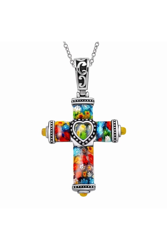 Colorful Rainbow Cross Necklace Black Oxidsized Murano Style Millefiori Glass Flower Stainless Steel Chain Size 20" Catholic Faith Christian Religious Jewelry Christmas Gifts for Women