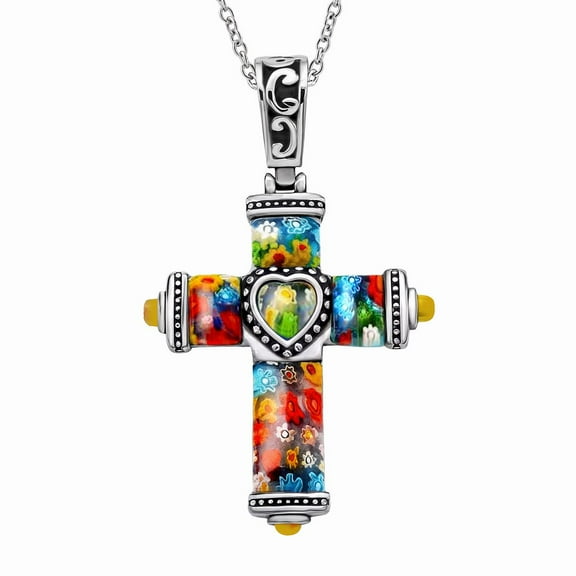Colorful Rainbow Cross Necklace Black Oxidsized Murano Style Millefiori Glass Flower Stainless Steel Chain Size 20" Catholic Faith Christian Religious Jewelry Christmas Gifts for Women