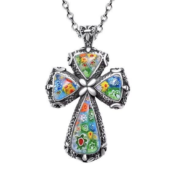 Mens Cross Necklaces Black Oxidsized Murano Style Flower Stainless Steel Chain Size 20" Catholic Faith Religious Glass Jewelry Christian Birthday Christmas Gifts for Women