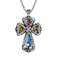 thumbnail image 1 of Colorful Rainbow Cross Necklace for Women Christian Jewelry Black Oxidized Murano Style Millefiori Glass Flower Stainless Steel Chain Size 20" Catholic Faith Religious Birthday Gifts for Women, 1 of 7