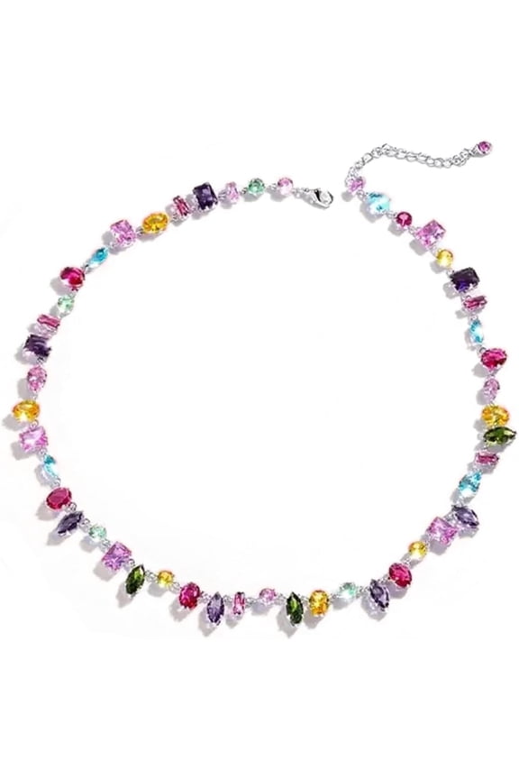 Colorful Rainbow Crystal Necklace, Multicolor CZ Chain Choker Dainty Cubic Zirconia Jewelry Sparkly Rhinestone CZ Necklace for Women[v3285]