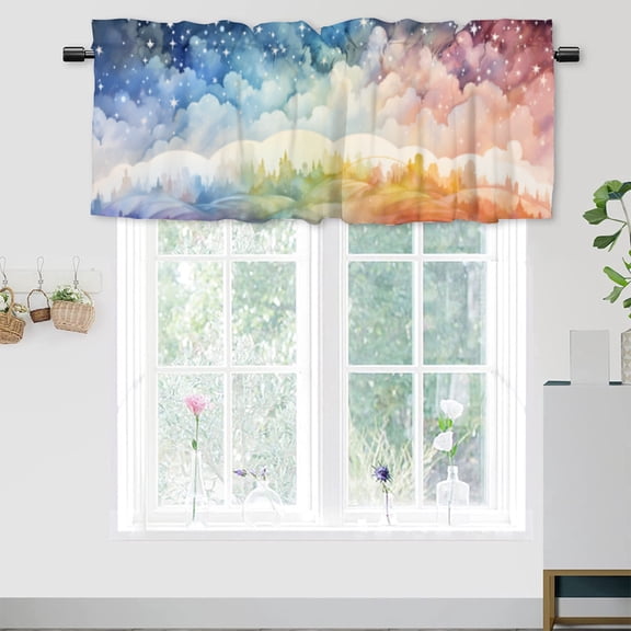 Colorful Rainbow Curtain Valances for Kitchen Windows Boho Cute Abstract Watercolor Stars Night Sky Window Valance for Living Room Bedroom, Kitchen Valance Rod Pocket Window Decor Curtain