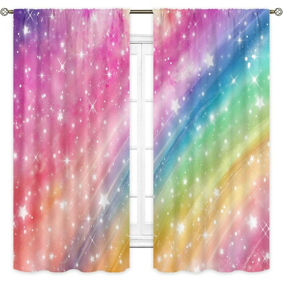 Colorful Rainbow Curtains 42Wx63H Inch Rod Pocket Galaxy Girls Kids Pastel Not Shining Stars Starry Sky Cartoon Cute Art Printed Aesthetic Living Room Bedroom Window Drapes Fabric 2 Panels