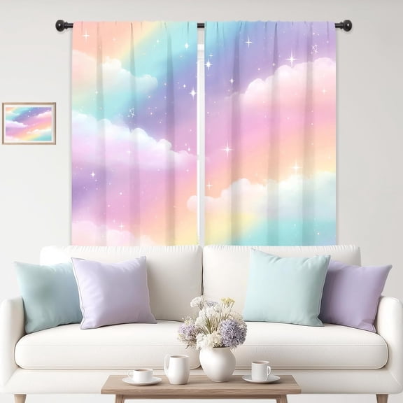 Colorful Rainbow Curtains 42Wx63H Inch Rod Pocket Kids Cute Girls Ombre Pastel Sky Clouds Star Art Printed Baby Princess Nursery Pretty Living Room Bedroom Window Drapes Treatment 2 Panels