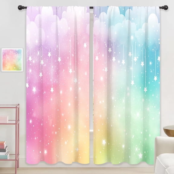 Colorful Rainbow Curtains Kids Girls Pastel Cartoon Cute Starry Sky Clouds Stars Girly Aesthetic Rod Pocket Multicolor Princess Bedroom Living Room Treatment Fabric 2 Panels 52Wx84H Inch