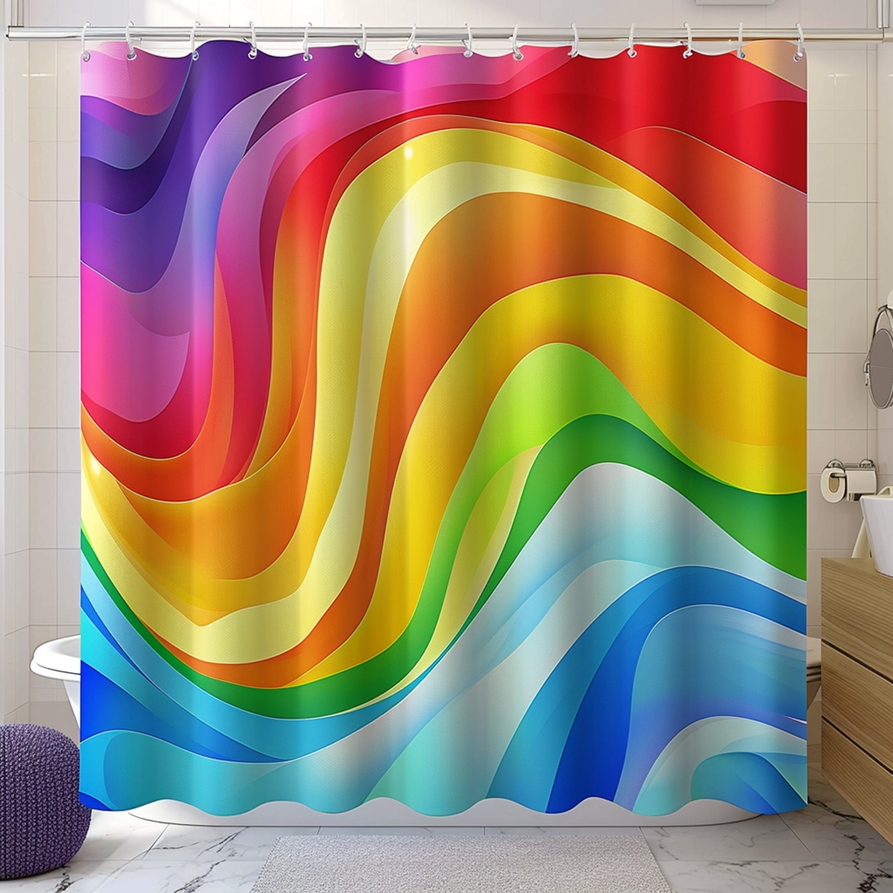 Colorful Rainbow Curved Wave Design Bathroom Shower Curtain