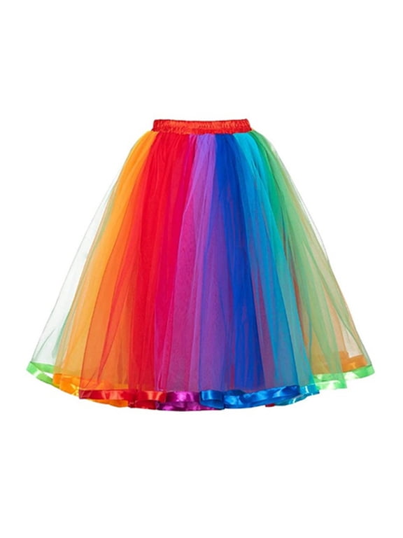 Colorful Rainbow Dance Skirt Elastic Waistband High Waist Midi Tutu Skirt Mid-calf Length Sweet Style Dance Skirt