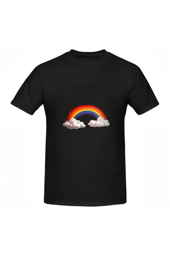 Colorful Rainbow Design Cotton Short Sleeve T-Shirt for Women Fluffy Clouds Pattern Tee Top Vibrant and Fun Casual Wear