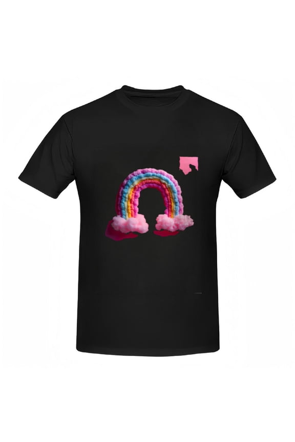 Colorful Rainbow Design Cotton Short Sleeve T-Shirt for Women with Fluffy Pink Clouds - Vibrant Tee Top for Casual Wear