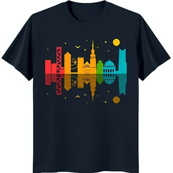 Colorful Rainbow Design on Dark Blue T-Shirt Unique Urban Art