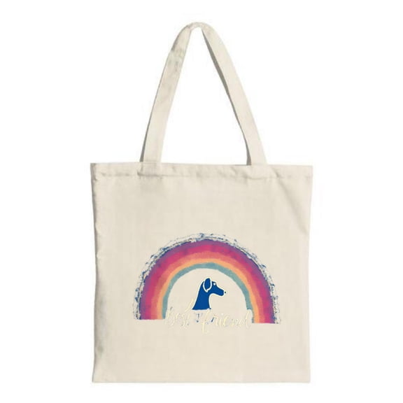 Colorful Rainbow Dog Tote Bag - Cream Canvas ' LOVE ' in White Cursive Stylish & Multifunctional for Shopping Travel & Parties