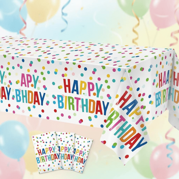 Colorful Rainbow Dots Happy Birthday Tablecloth Set, Waterproof Plastic Table Cover for Kids Birthday Party Decorations, 54 x 108 Inch, 3-Piece Party Supplies